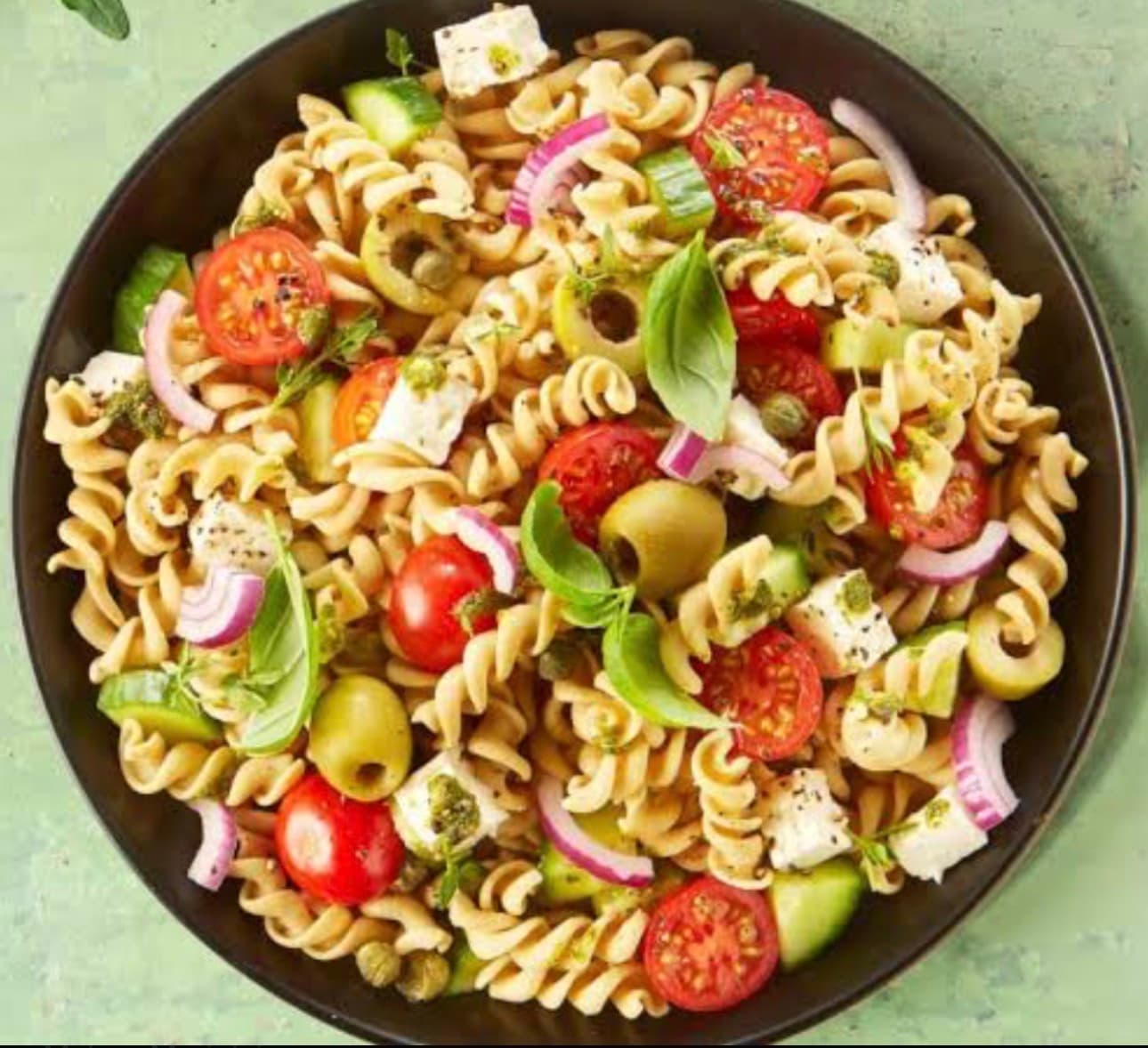 Mediterranean pasta bowl. Fresh nutricious and full flavours